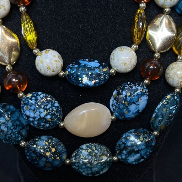 Triple Strand Gold Tone Brown, Aqua And White Graduated Beads Necklace (3890) - Picture 4 of 6